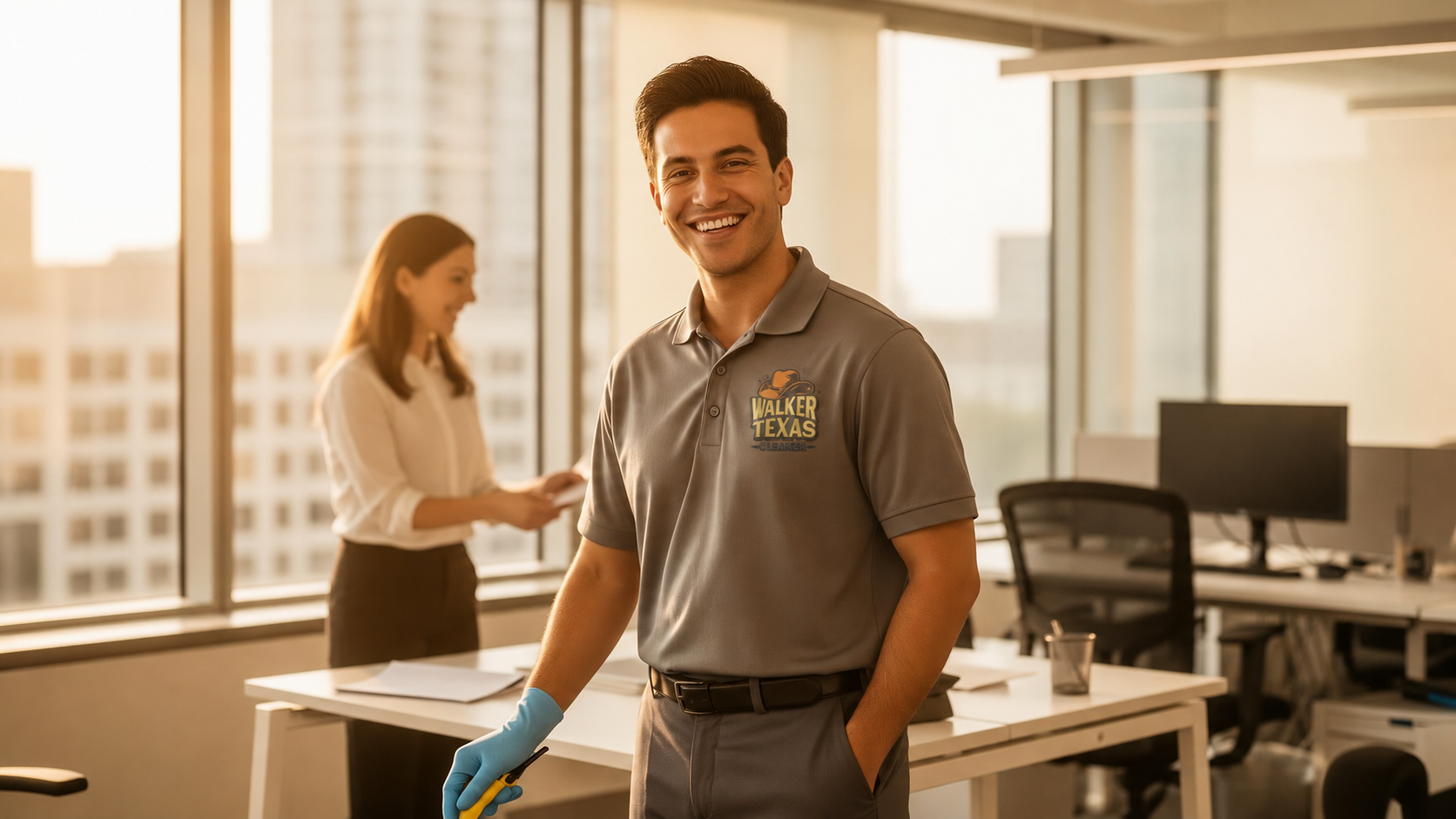 Walker Texas Cleaner team member smiling in a bright office